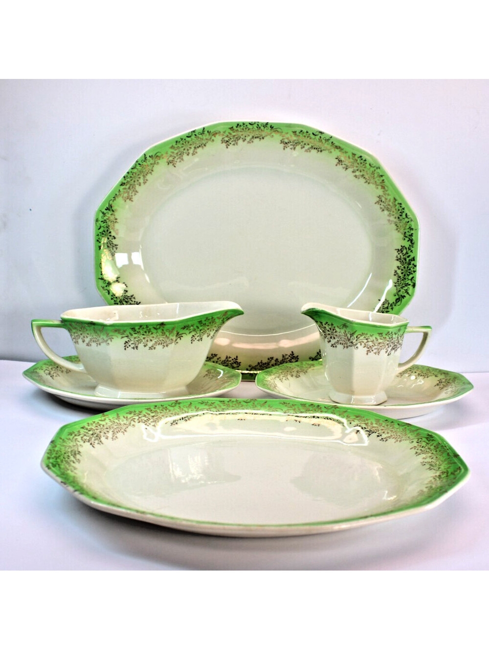 MC Victoria Green Royal China 1940s Platter Plate Gravy & Creamer Saucers Lot/6